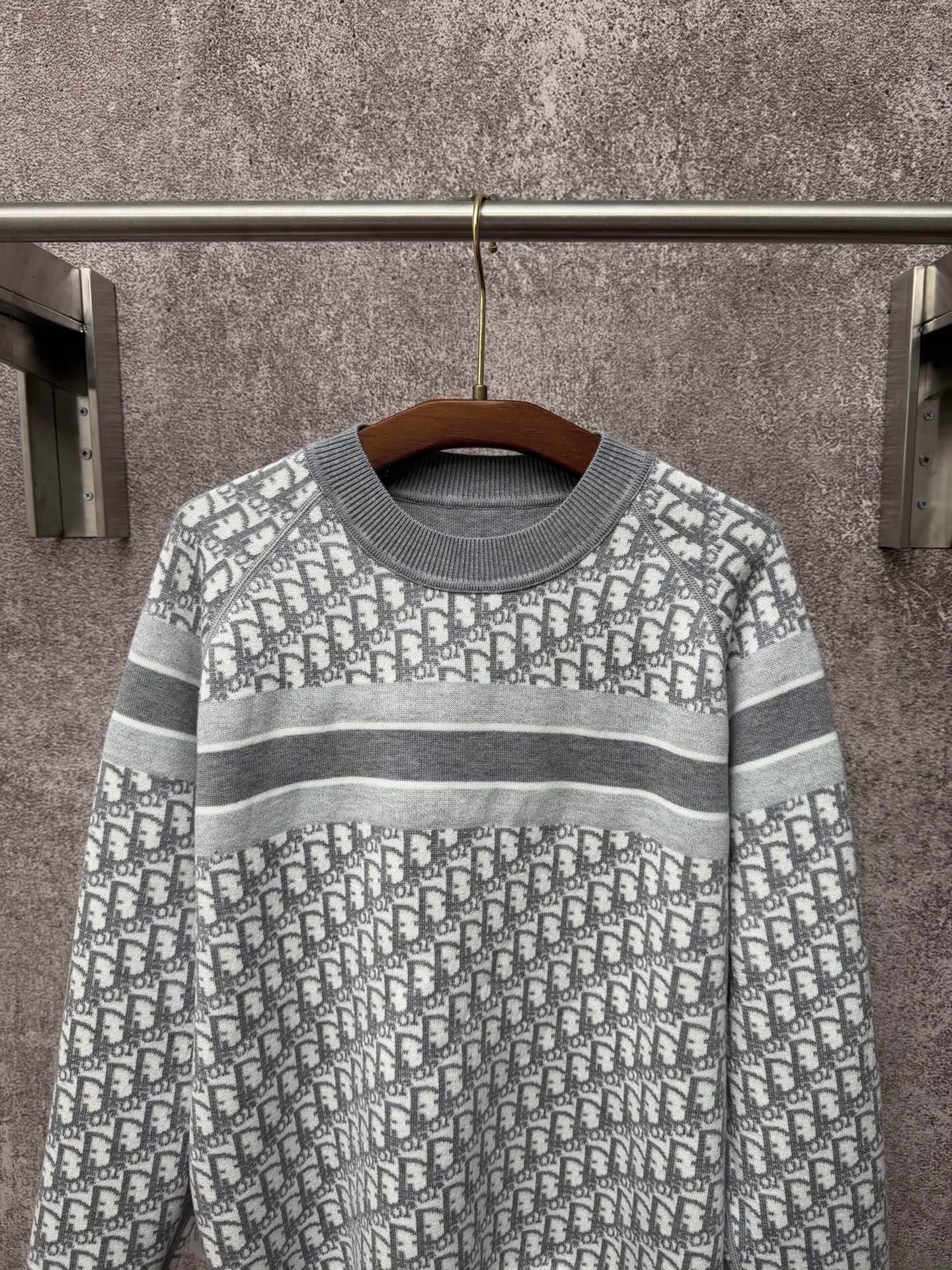 Long-sleeve knit sweater in gray and white with Dior monogram pattern and stripes
