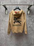 Beige knit hoodie with attached hood, gold zipper, and navy “BURBERRY” horse graphic on back