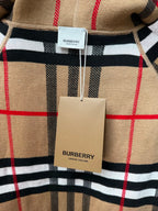 Burberry check polo shirt with red and black stripes, beige and white hem tag