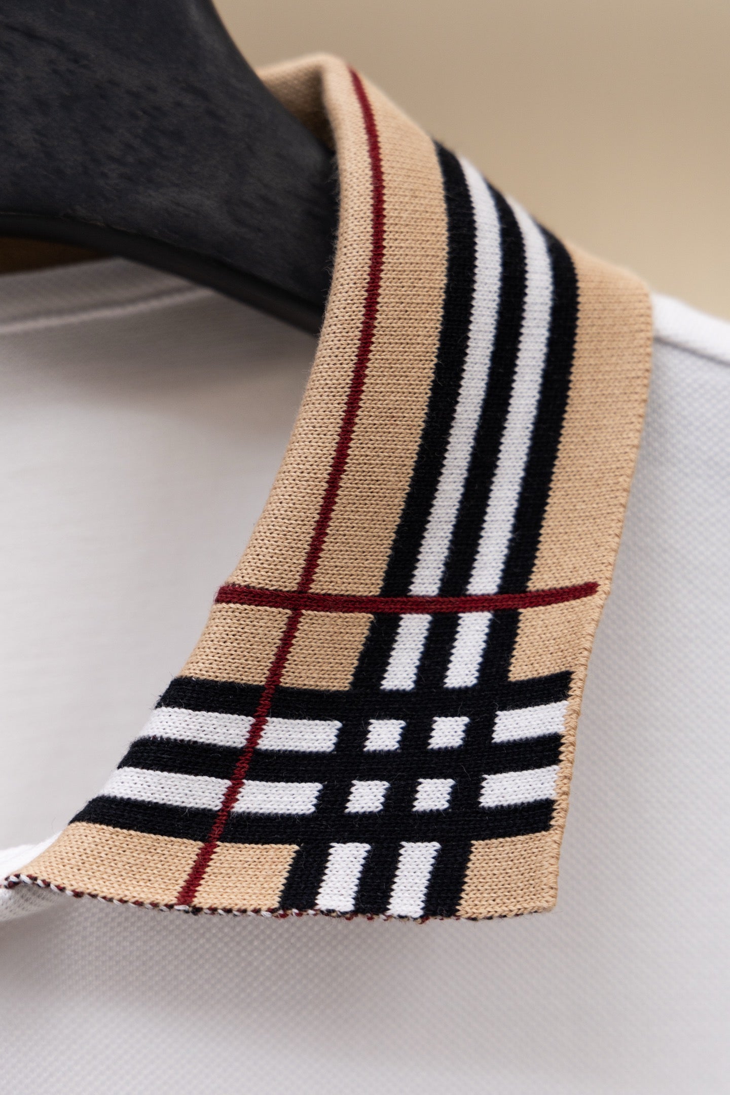 Short-sleeve shirt with Burberry check cuff trim in beige and dark stripes