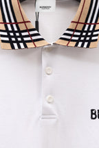 White Burberry polo shirt with button placket and check-collar trim
