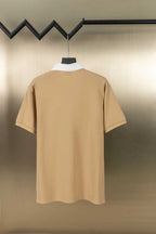 Tan short-sleeve polo shirt with white inner collar, plain back