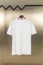 White short-sleeve polo shirt, back view, red letter embroidery at neck