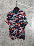 Short-sleeve shirt with multicolor Louis Vuitton logo and crest print on dark fabric
