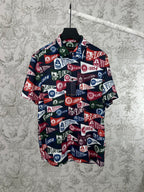 Short-sleeve shirt with multicolor Louis Vuitton logo and crest print on dark fabric
