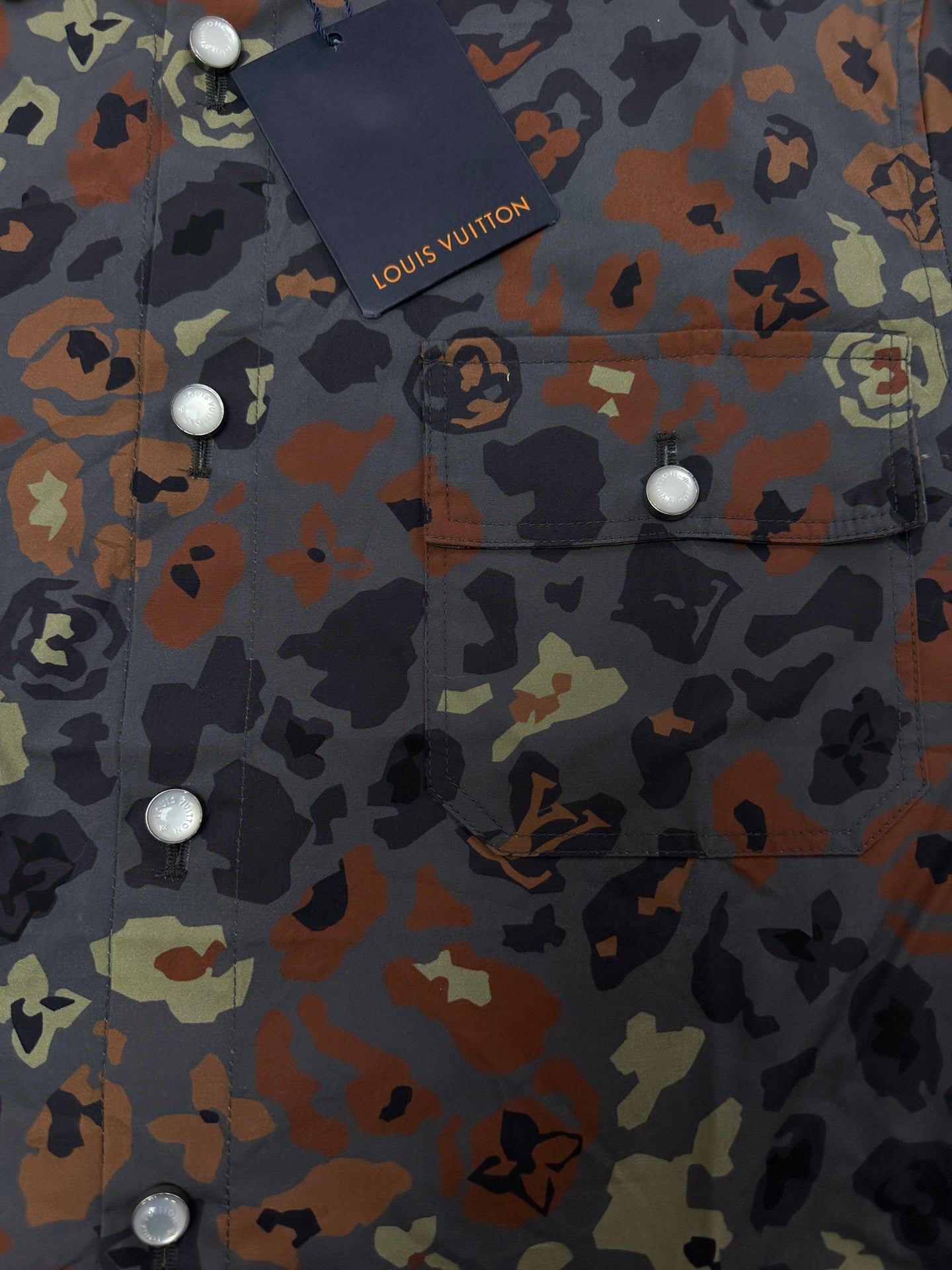 Louis Vuitton short-sleeve shirt front close-up with buttons and multicolor graphic print