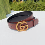 Gucci belt maroon leather strap with gold double-G buckle and black lining