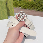 Cream leather belt with silver-tone double G buckle, end strap and punched holes