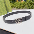 Gucci belt in dark leather with double-G silver buckle and punched holes