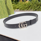 Gucci belt in dark leather with double-G silver buckle and punched holes