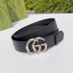Gucci belt, dark leather strap with centered double-G silver buckle