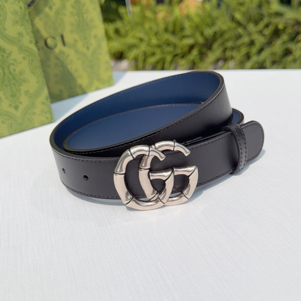 Leather belt with silver double-G buckle, dark brown strap