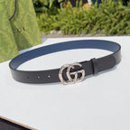 Gucci leather belt, dark brown, silver double-G buckle, punched holes