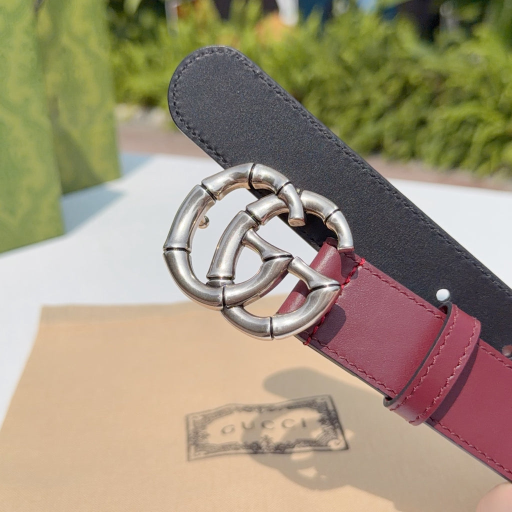 Gucci belt wine red leather with silver buckle and dark suede underside