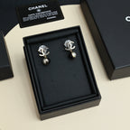 Silver-tone logo earrings with black and pearl drop pendants in box