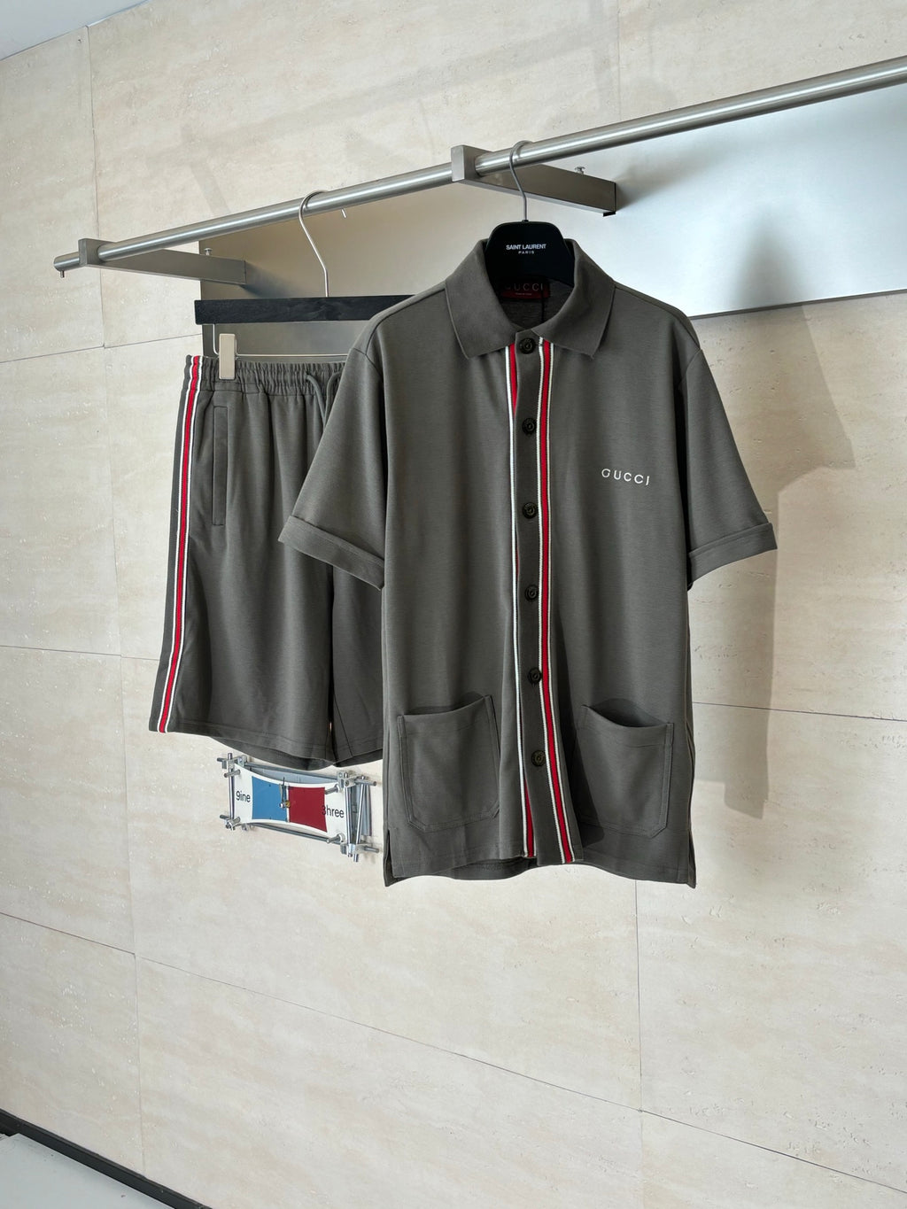 Gucci dark gray short-sleeve shirt with red/green/white trim and chest pockets