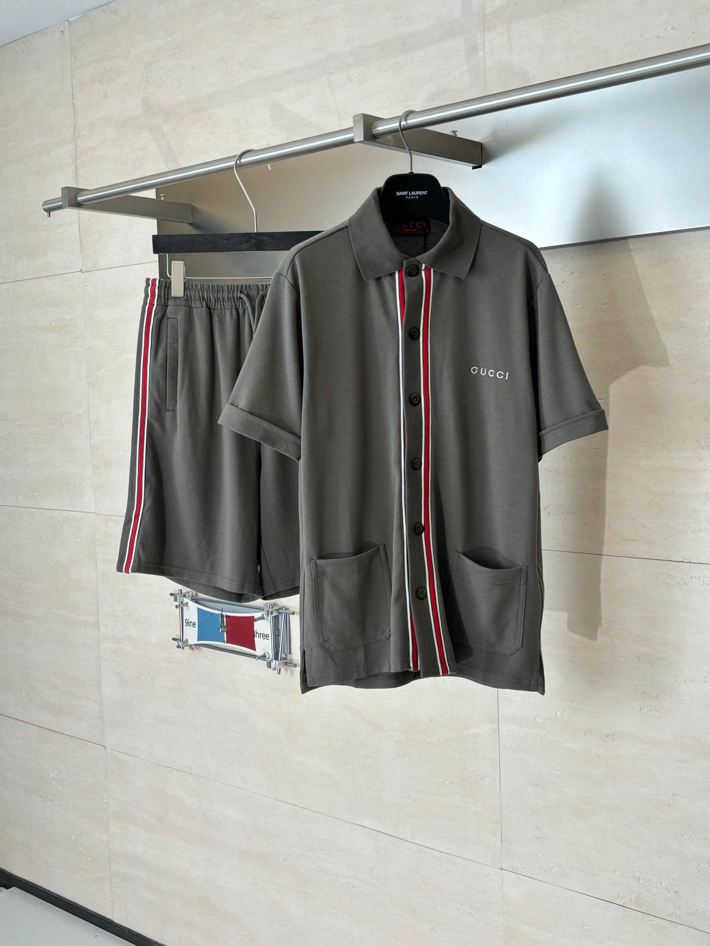 Gucci dark gray short-sleeve shirt with red/green/white trim and chest pockets