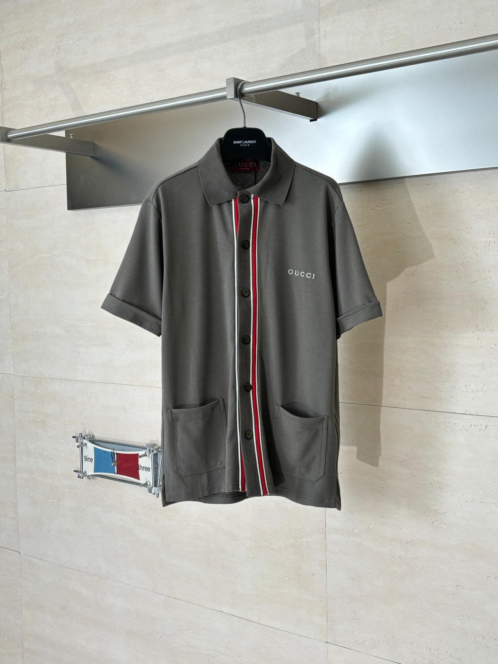 Gucci short-sleeve button-up shirt in dark gray with red/green/white trim placket