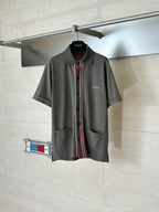 Gucci short-sleeve button-up shirt in dark gray with red/green/white trim placket