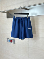 Balenciaga blue drawstring shorts with logo patch, elastic waistband