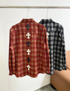 Back view of long-sleeve red plaid button-up shirt with white cross appliques