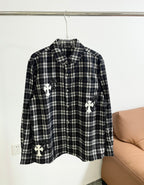 Long-sleeve plaid button-up shirt, black and white with white cross appliques
