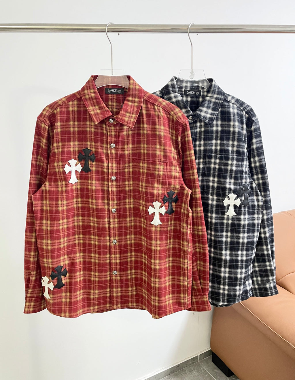 Long-sleeve plaid button-up shirt, red with white cross appliques on front