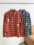 Long-sleeve plaid button-up shirt, red with white cross appliques on front