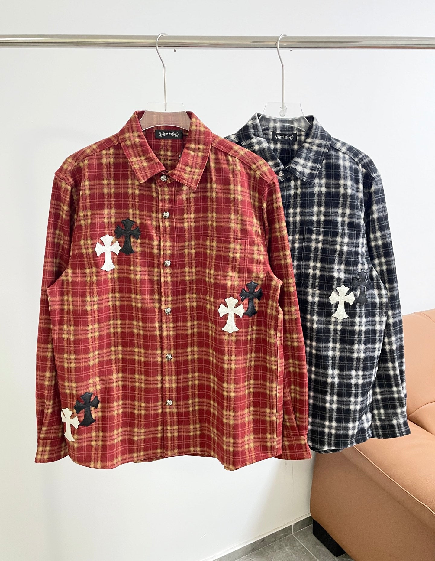 Long-sleeve plaid button-up shirt, red with white cross appliques on front