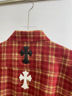 Red plaid shirt back with large cross appliques and yoke detail