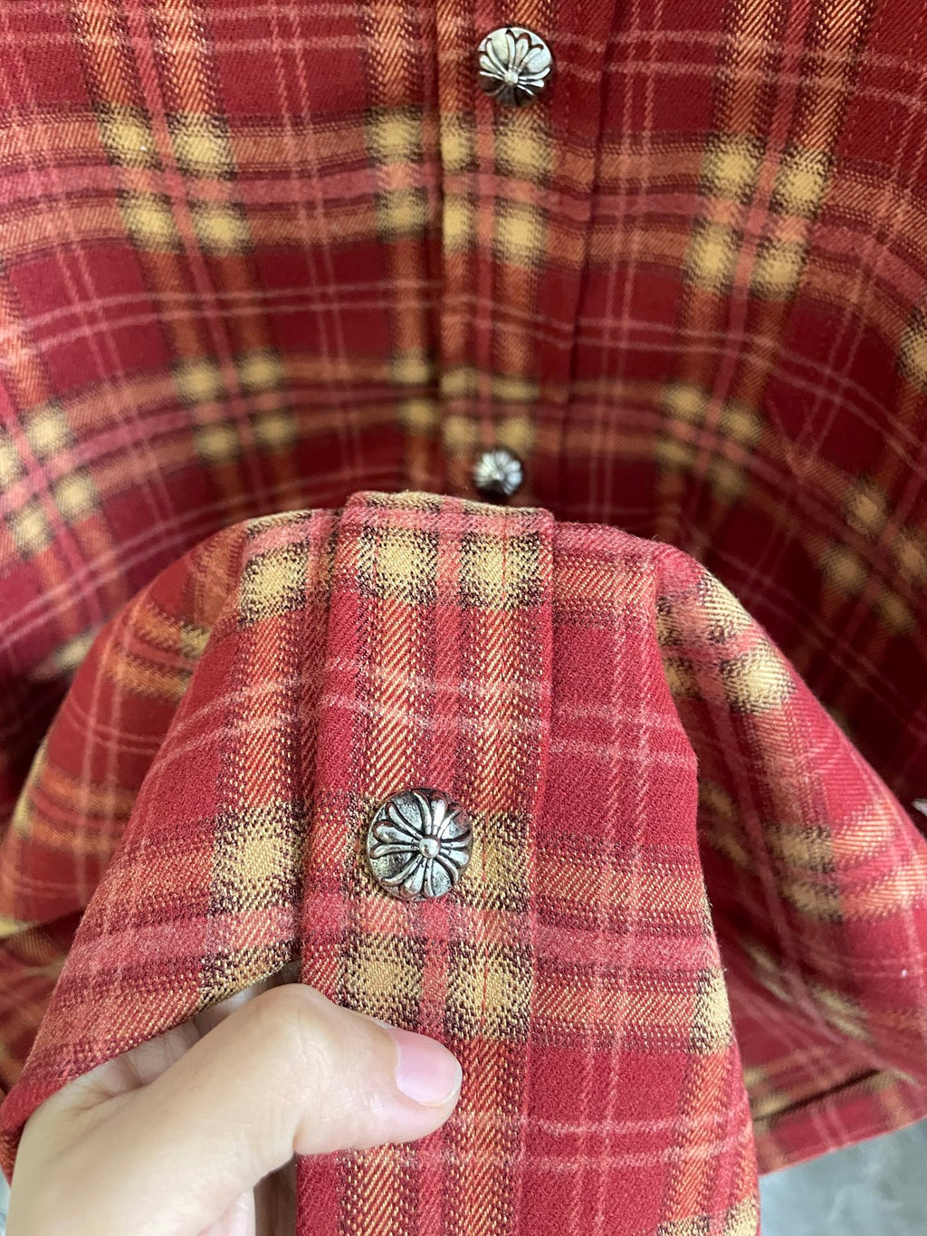 Red plaid shirt collar with metal button and gathered yoke detail