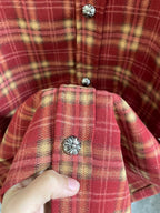 Red plaid shirt collar with metal button and gathered yoke detail