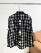 Black and white plaid long-sleeve shirt back with stacked cross appliques