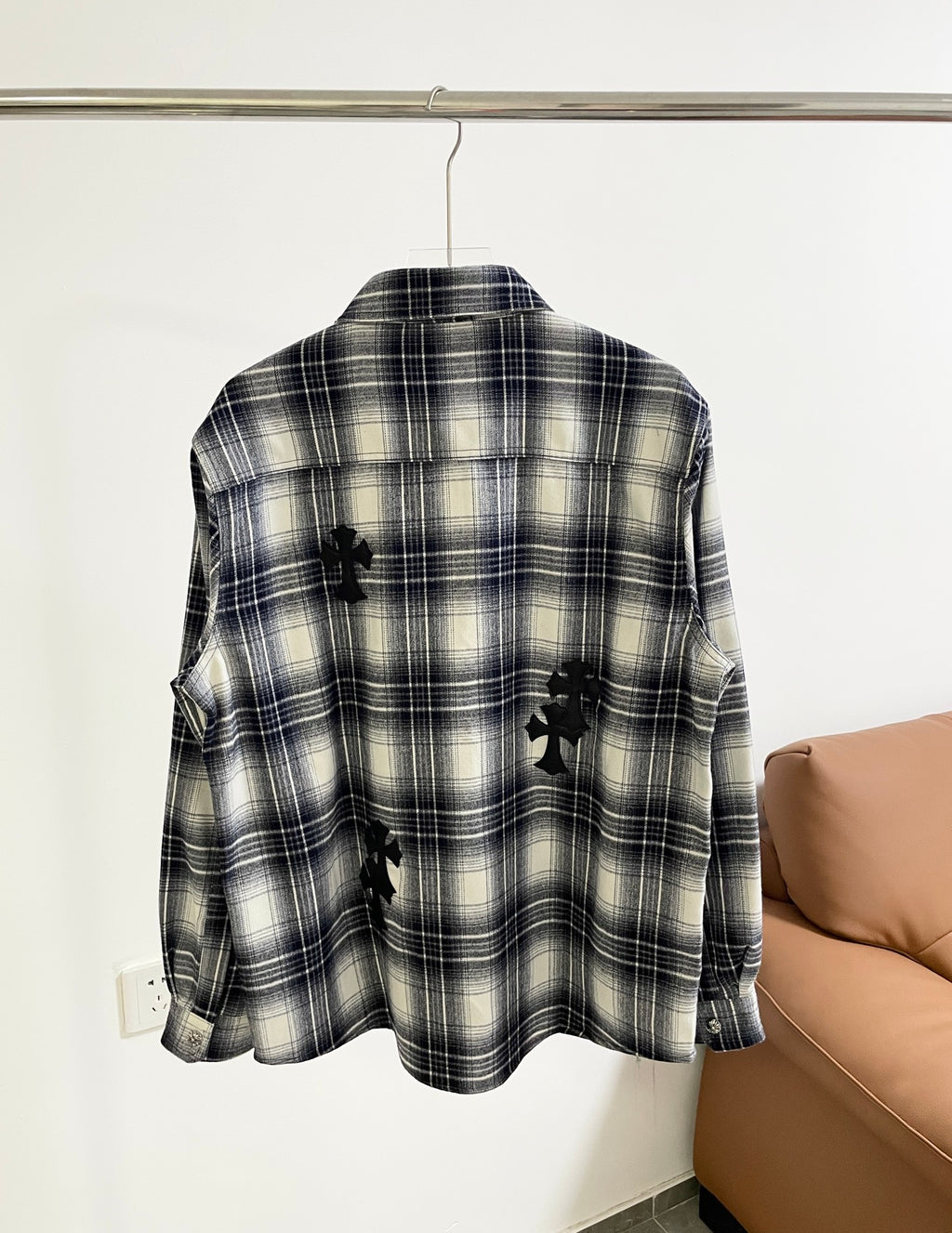 Long-sleeve plaid shirt back view, dark gray and blue with black embroidered motifs