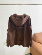 Brown zip-up hoodie, back hood and large embroidered cross design