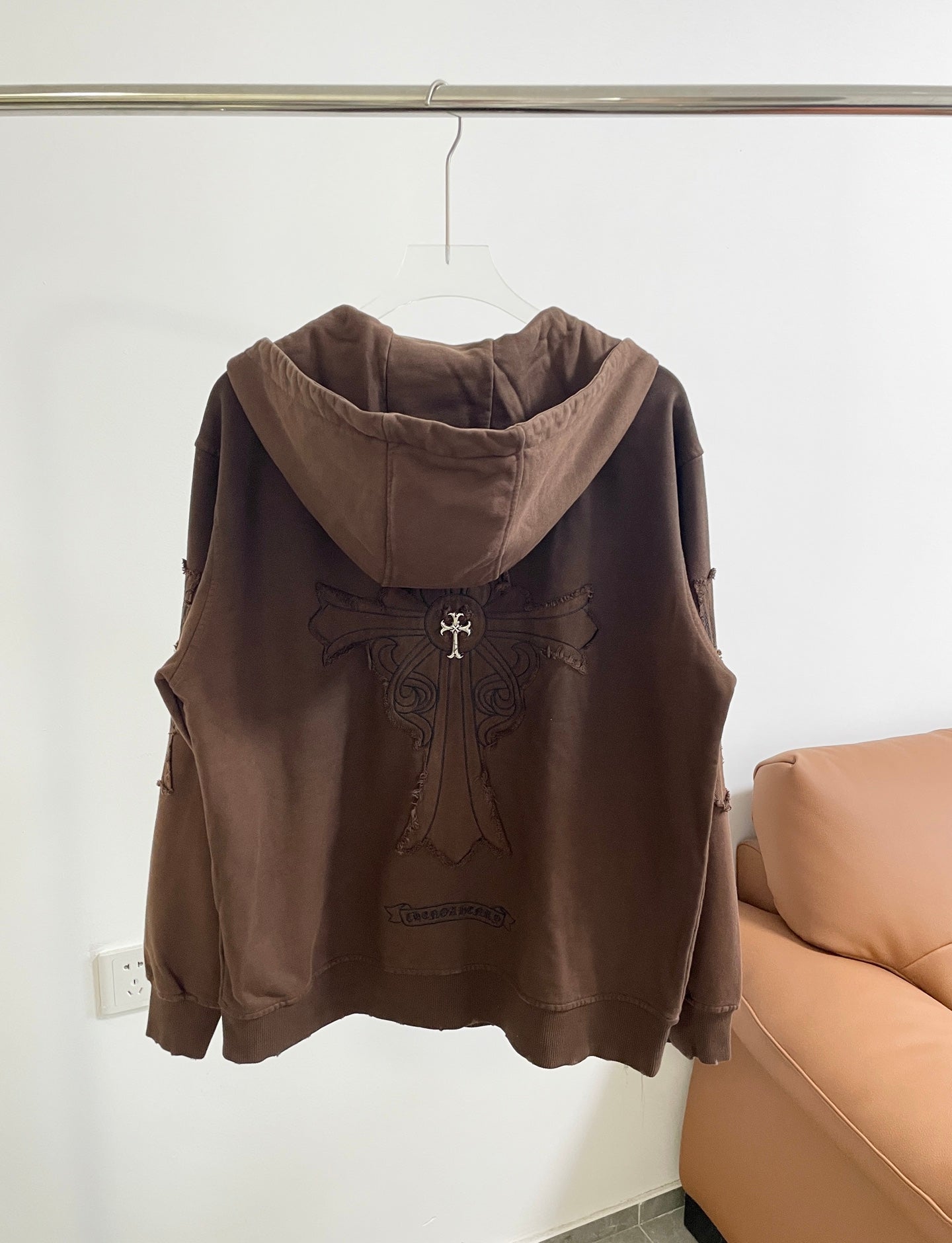 Brown zip-up hoodie, back hood and large embroidered cross design