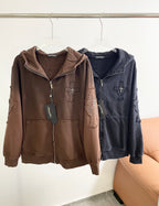 Zip-up hooded jacket set, brown and dark blue, with front zipper and side pockets