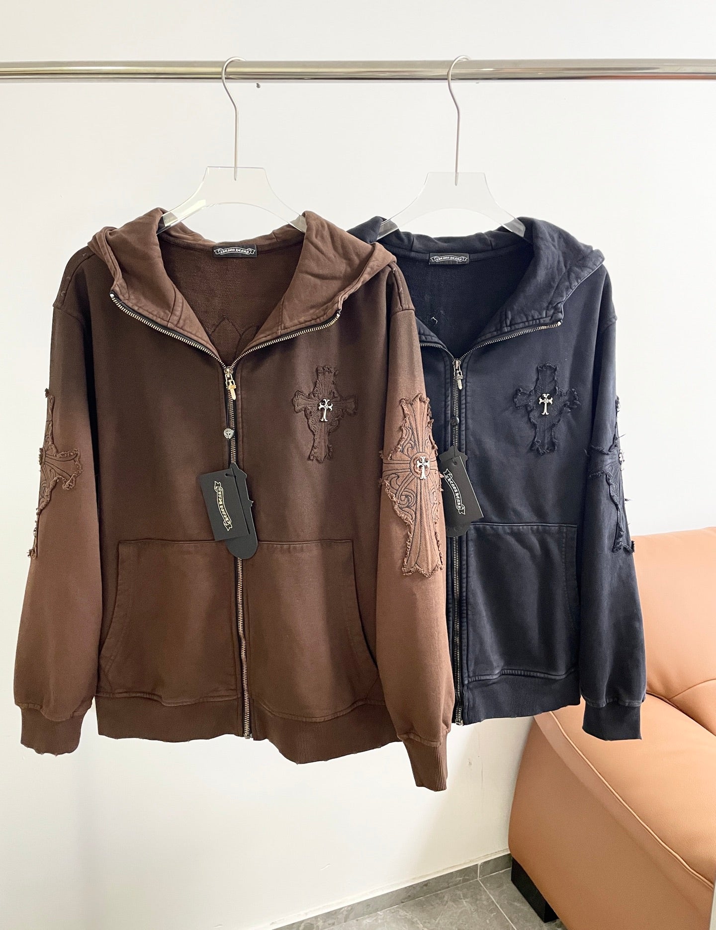 Zip-up hooded jacket set, brown and dark blue, with front zipper and side pockets