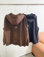 Zip-up hooded jacket set with back graphics, brown and dark blue, long sleeves