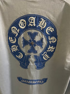 Light blue long-sleeve shirt with large round blue embroidered back logo