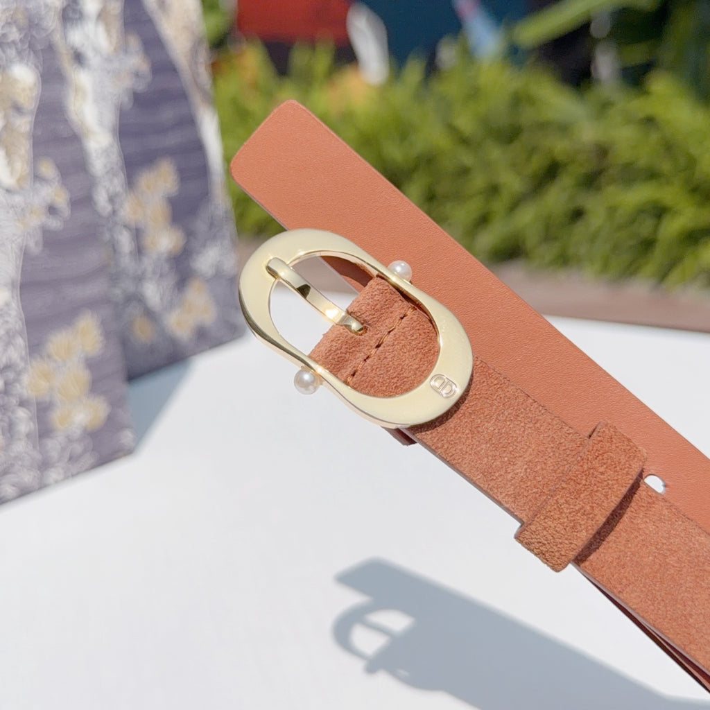 Tan leather belt with gold-tone oval buckle and pearl-like stud details