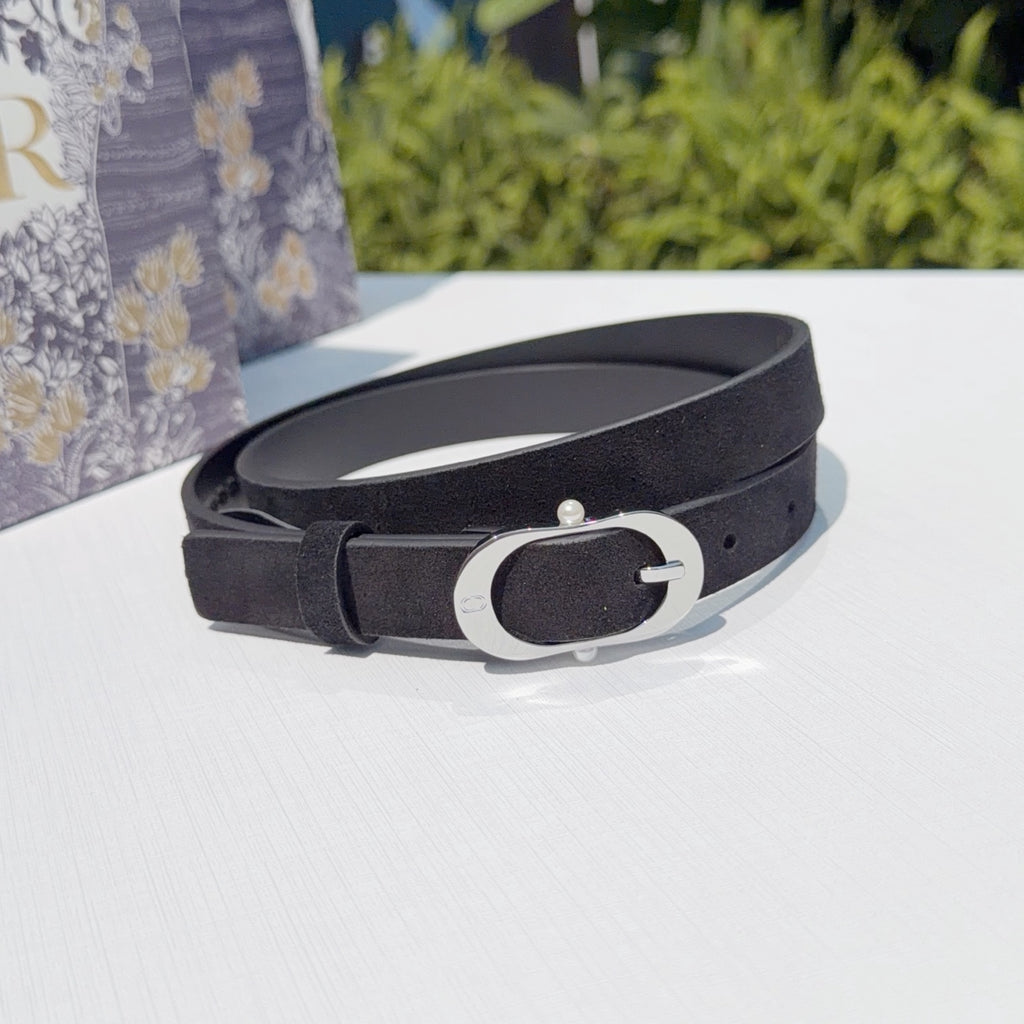 Dior belt with dark strap and silver oval buckle detail