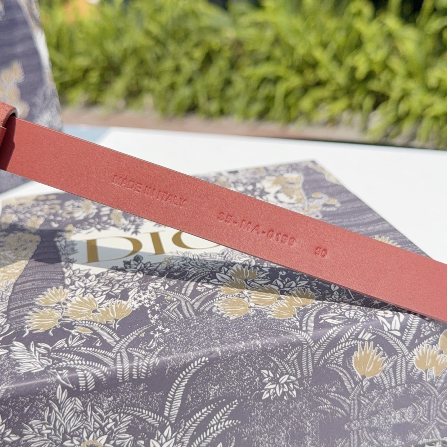 Rust belt strap with printed branding and country text