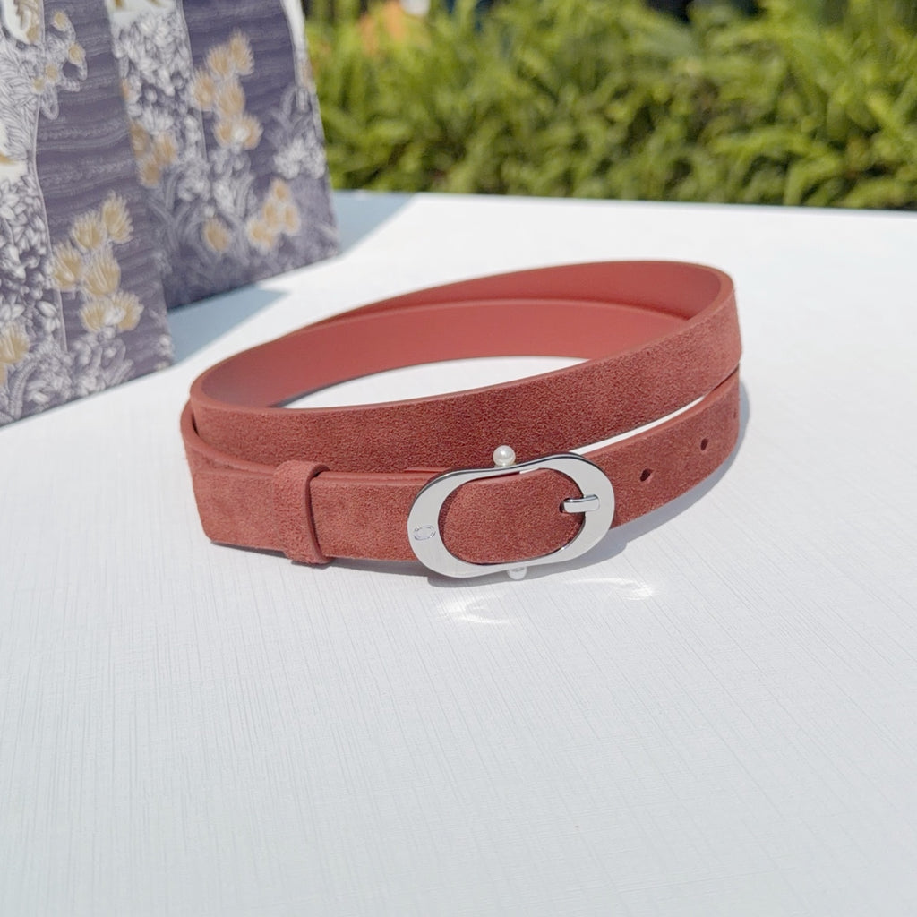 Reddish-brown leather belt with silver buckle and center oval frame