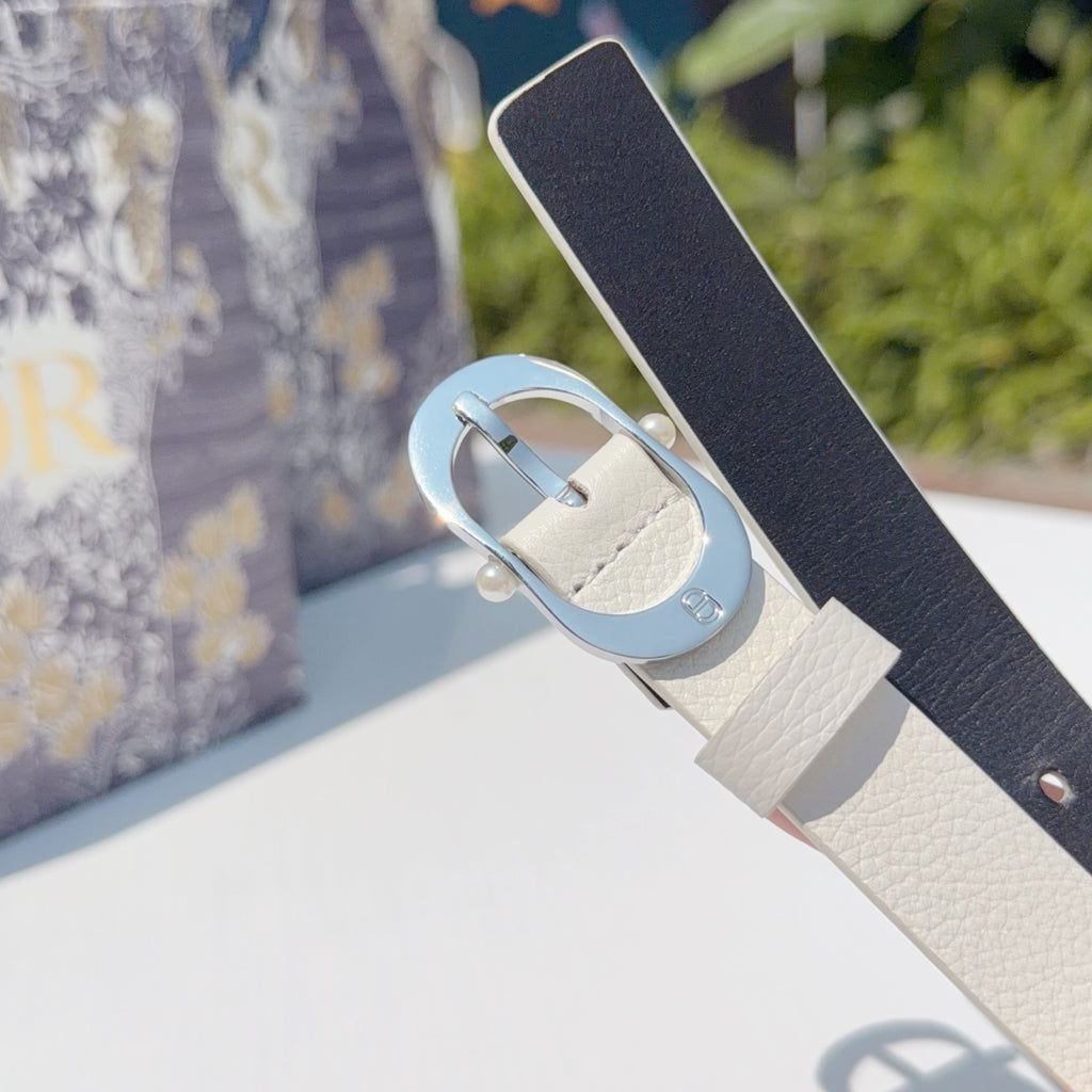 Dior belt with cream strap and silver buckle over dark backing fabric