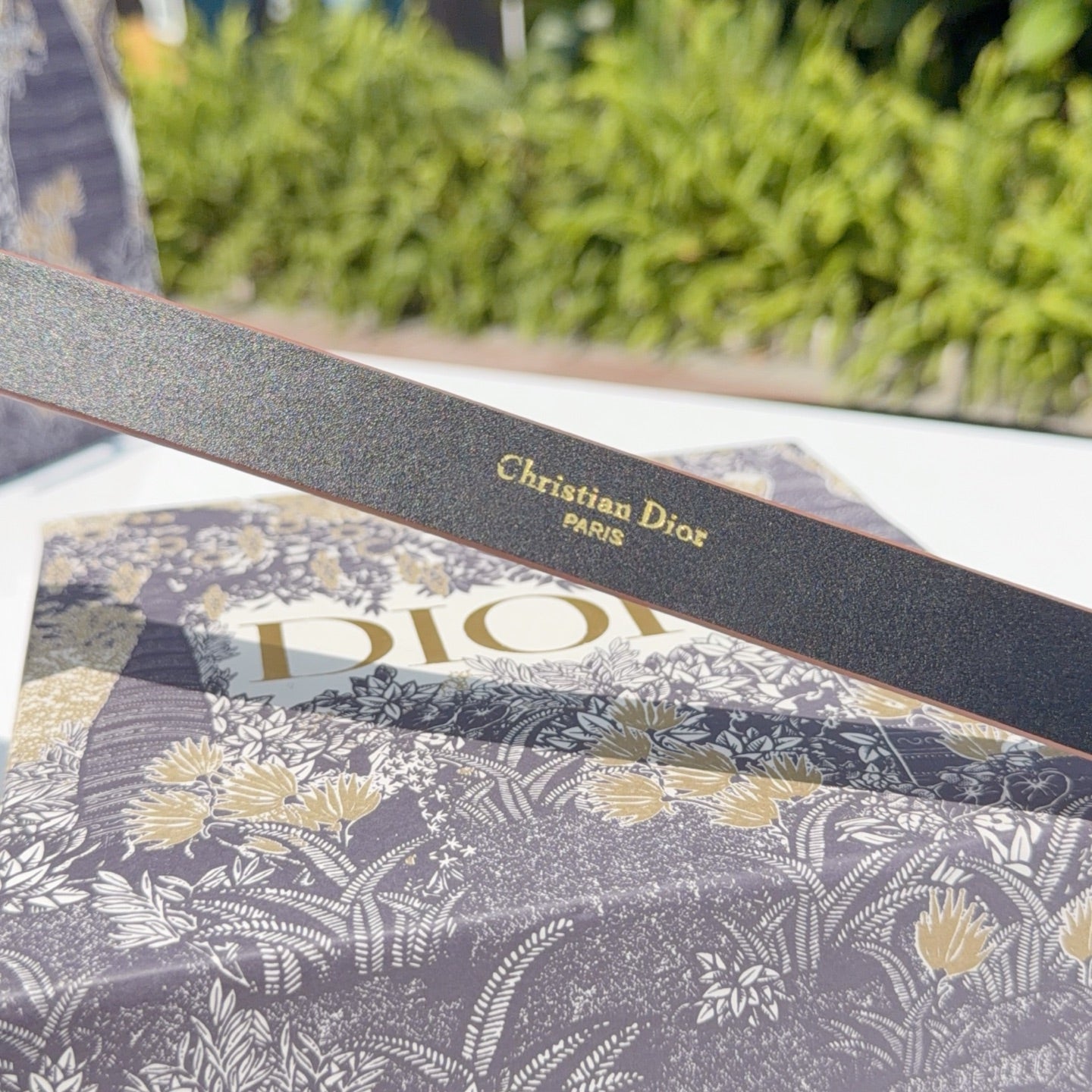 Dark belt strap with embossed 'Christian Dior' and 'PARIS' lettering