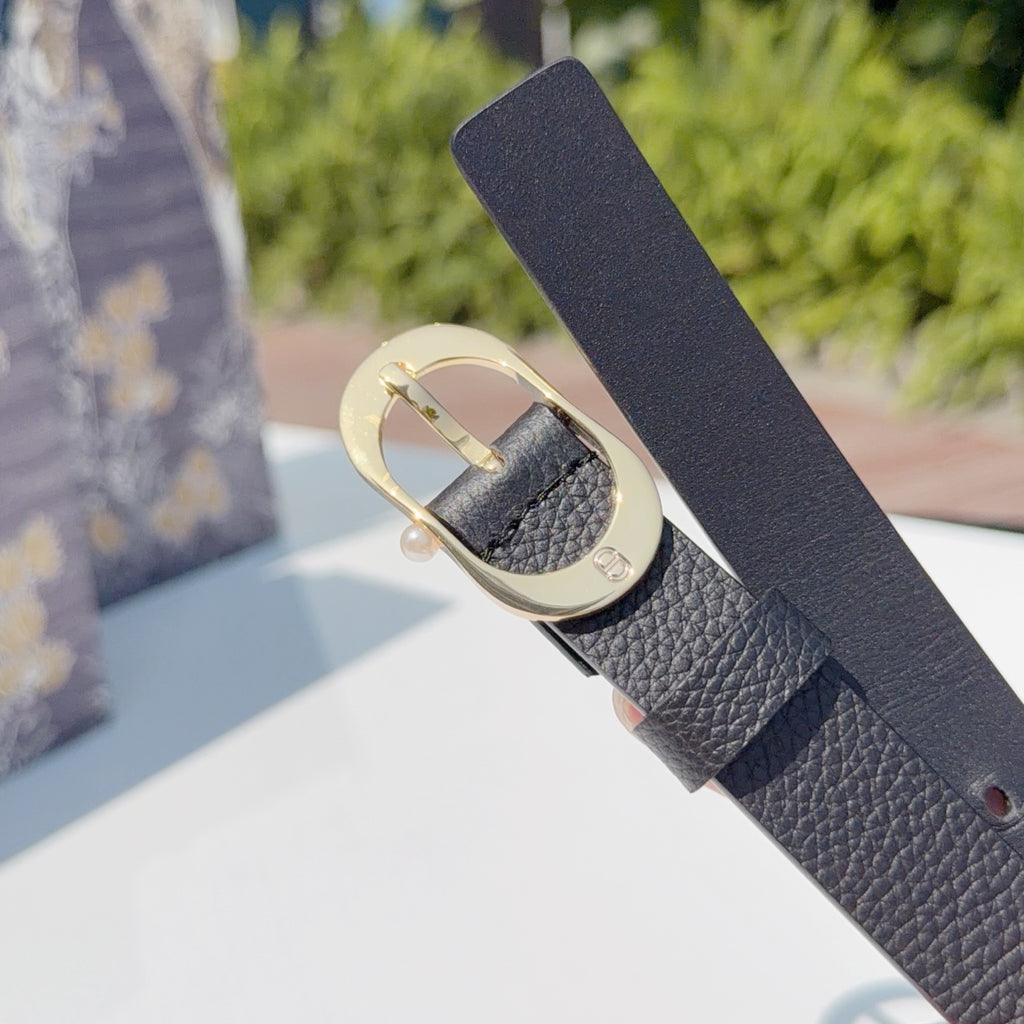 Dior belt close-up of buckle and textured strap, dark gray leather with gold hardware.