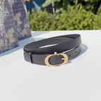 Dior belt in dark gray leather with gold-tone oval buckle, shown at an angle.