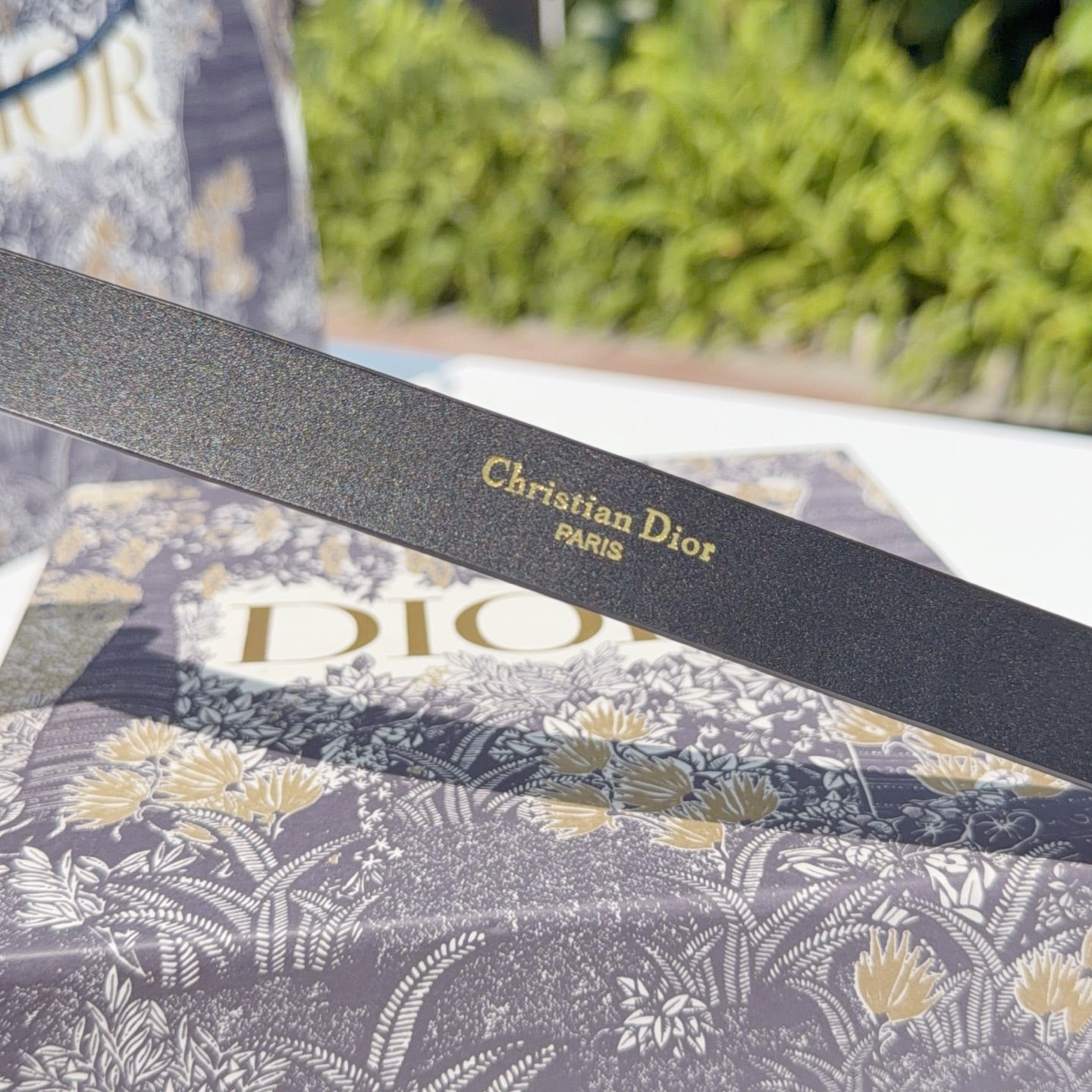 Dior belt strap close-up of printed or engraved “Christian Dior PARIS”