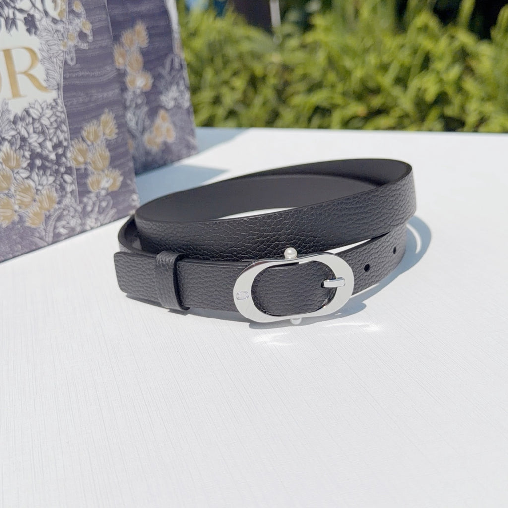 Dior belt dark gray leather with round silver buckle and end keeper tab